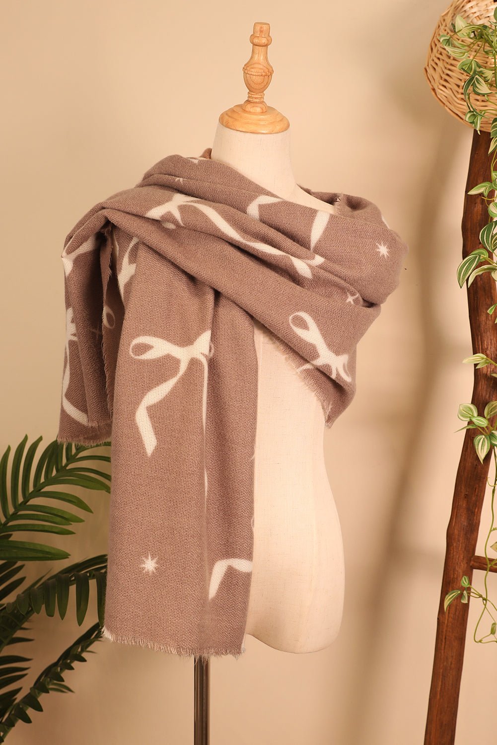 Parchment Bow Star Print Raw Edge Lightweight Scarf - MAD RUFFI