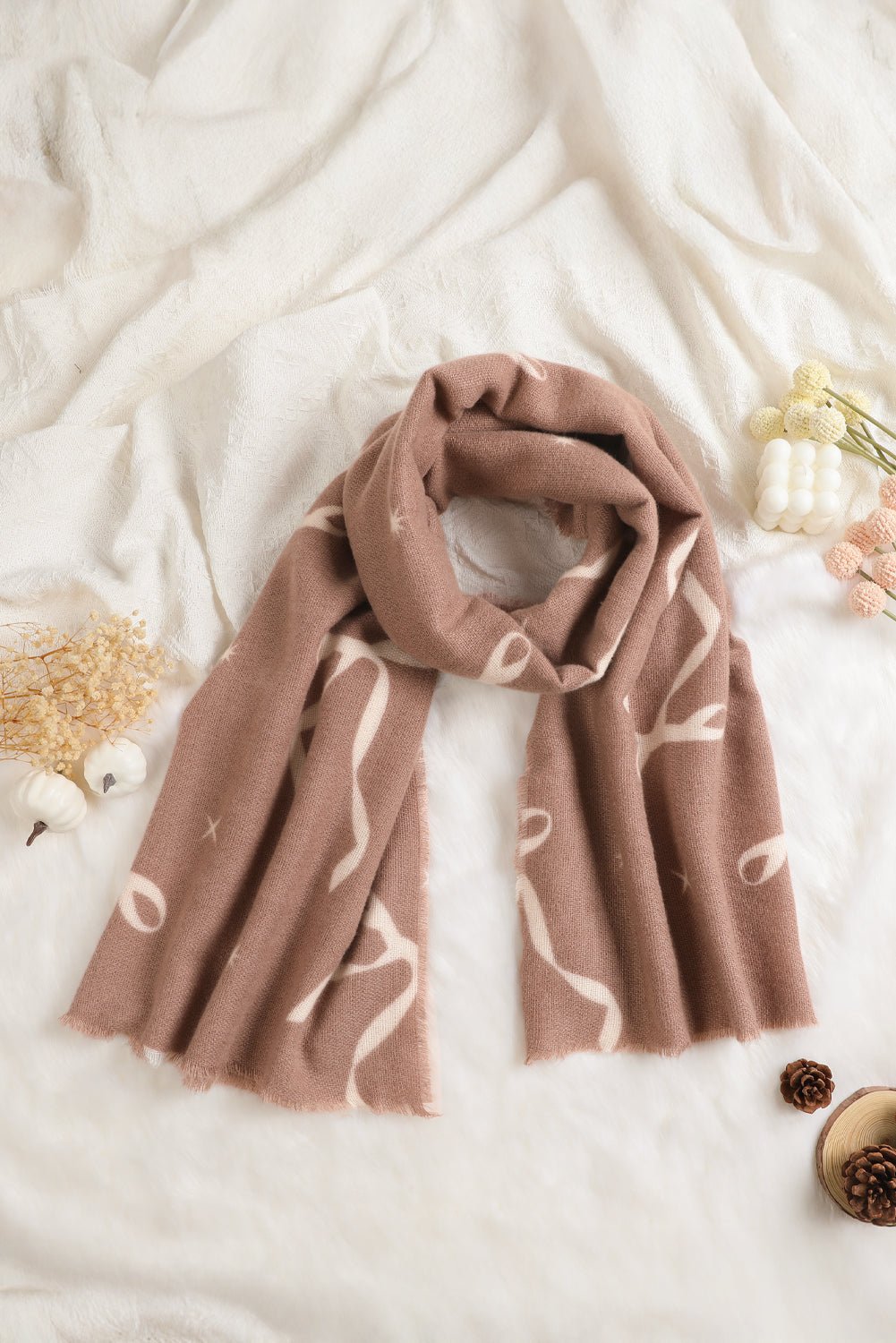 Parchment Bow Star Print Raw Edge Lightweight Scarf - MAD RUFFI
