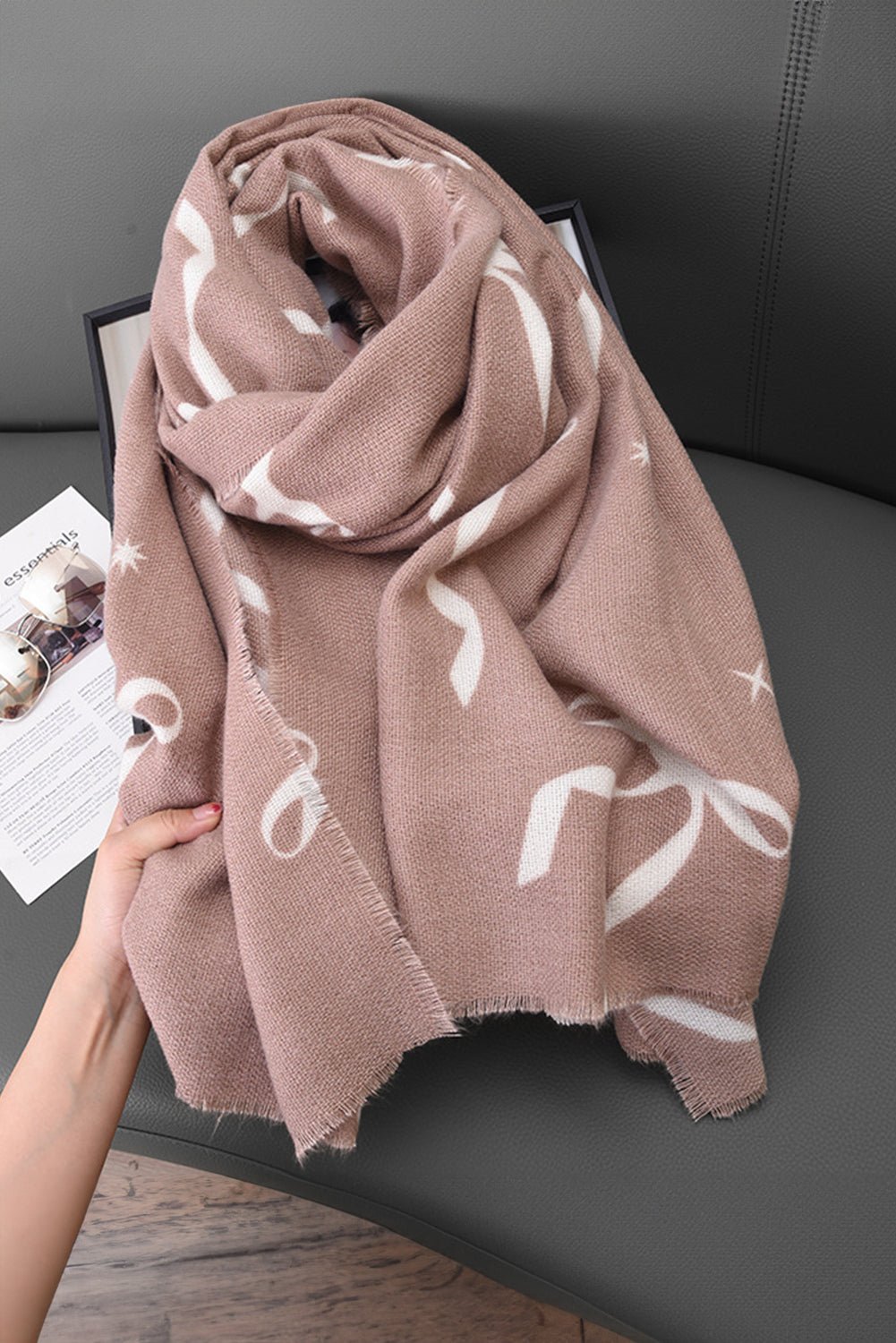 Parchment Bow Star Print Raw Edge Lightweight Scarf - MAD RUFFI