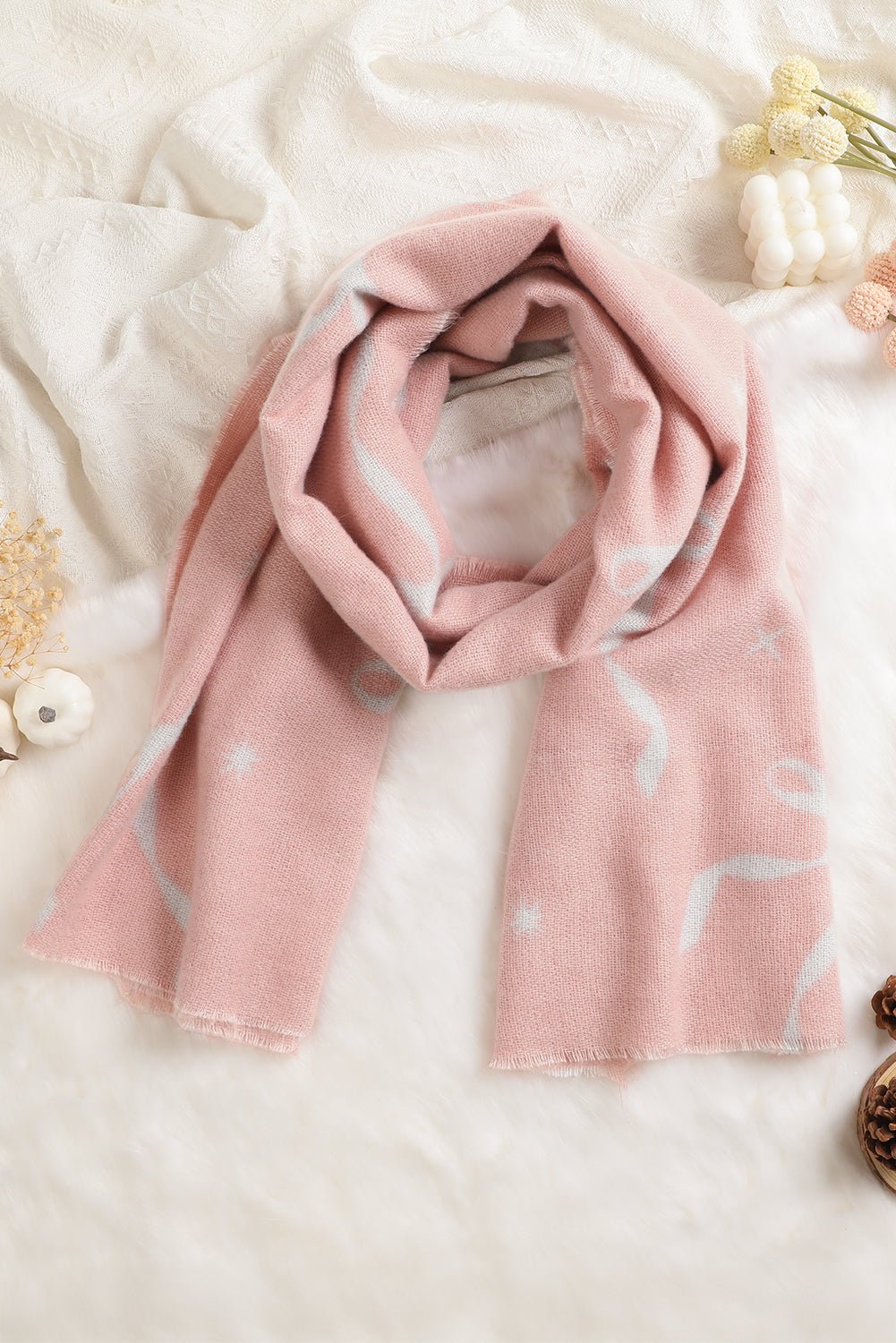 Parchment Bow Star Print Raw Edge Lightweight Scarf - MAD RUFFI