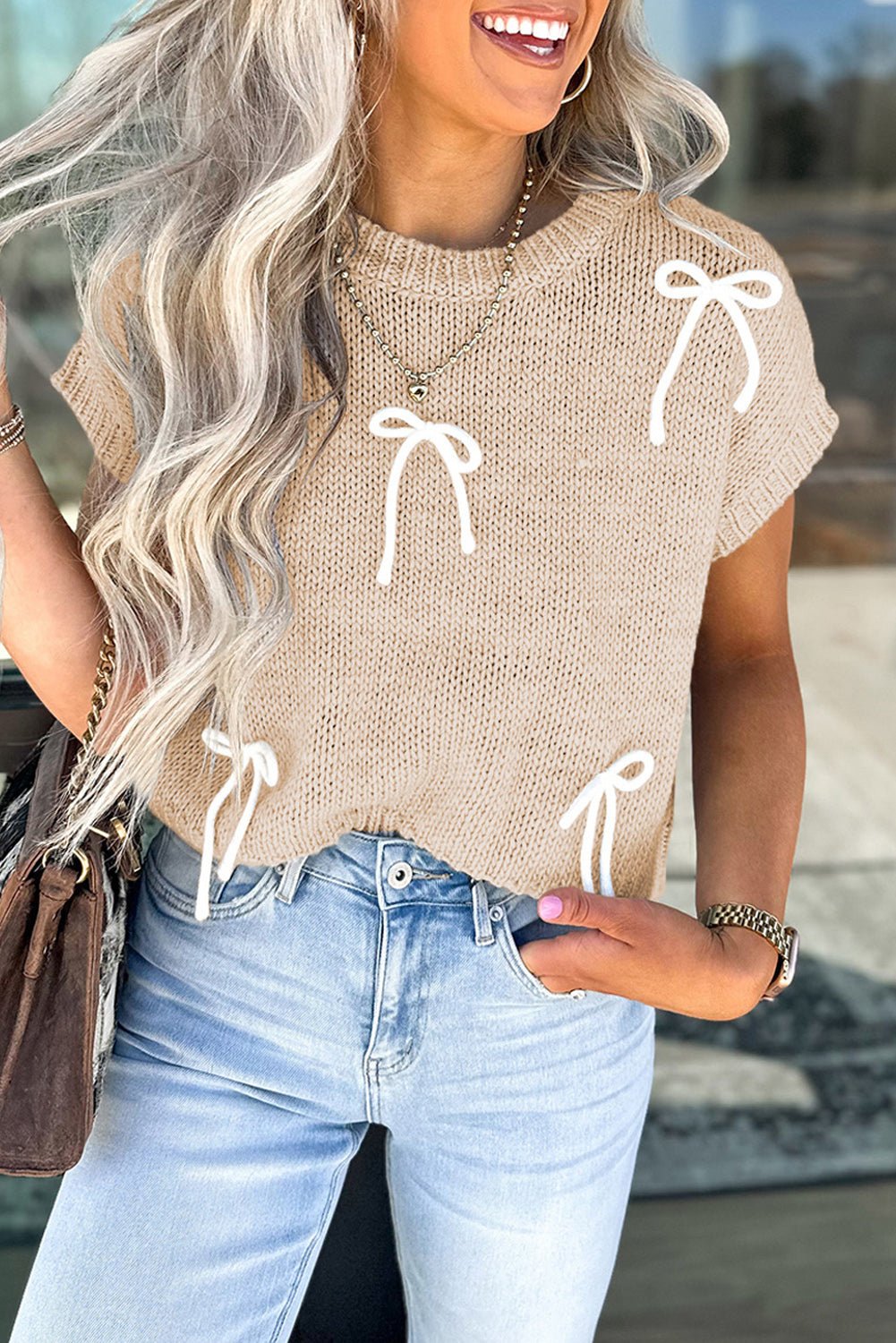 Parchment Bowknot Applique Cap Sleeve Sweater - MAD RUFFI