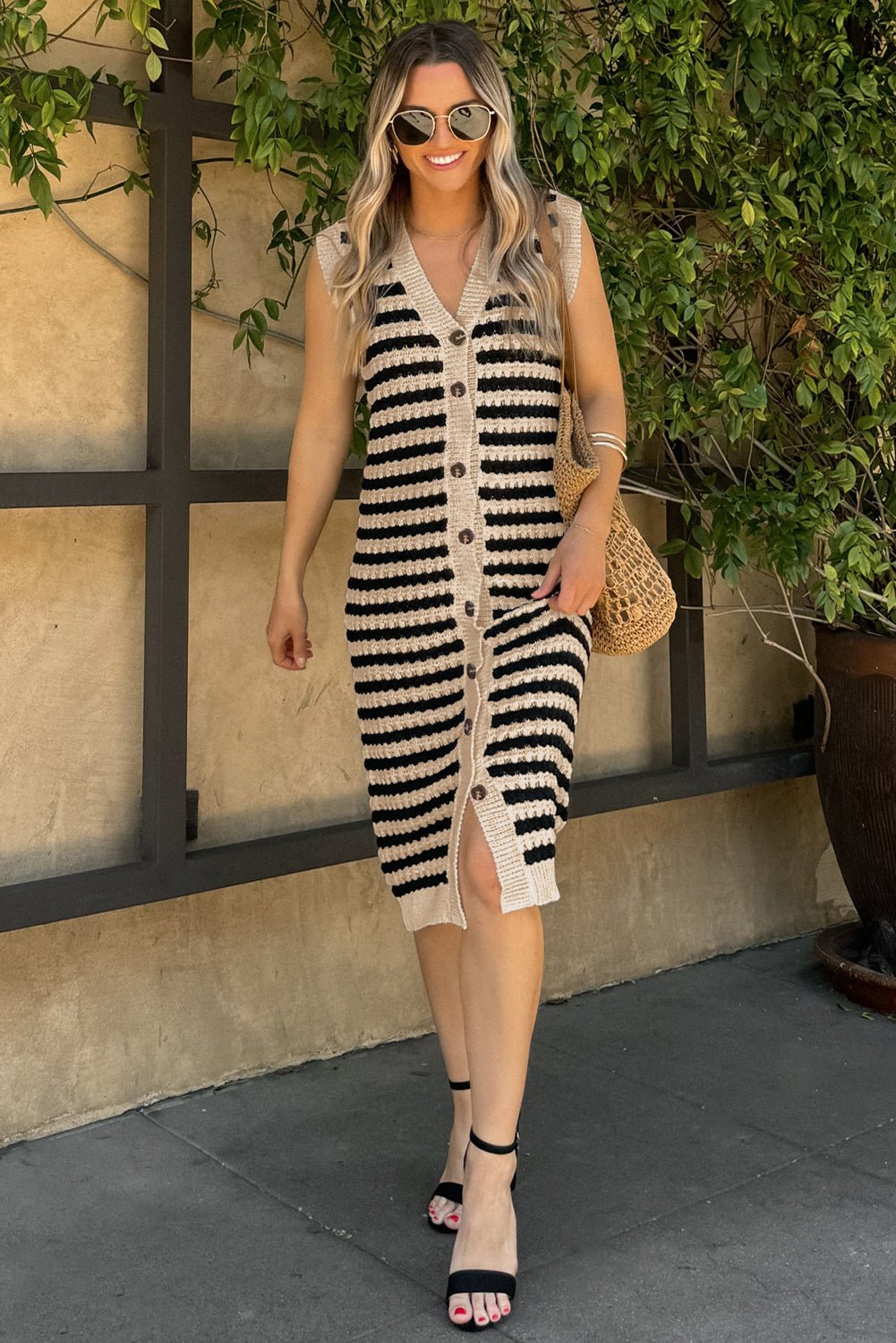 Parchment Buttoned Front Pencil Midi Sleeveless Sweater Dress - MAD RUFFI