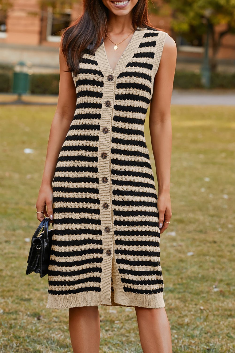 Parchment Buttoned Front Pencil Midi Sleeveless Sweater Dress - MAD RUFFI