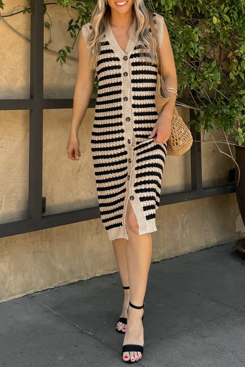 Parchment Buttoned Front Pencil Midi Sleeveless Sweater Dress - MAD RUFFI