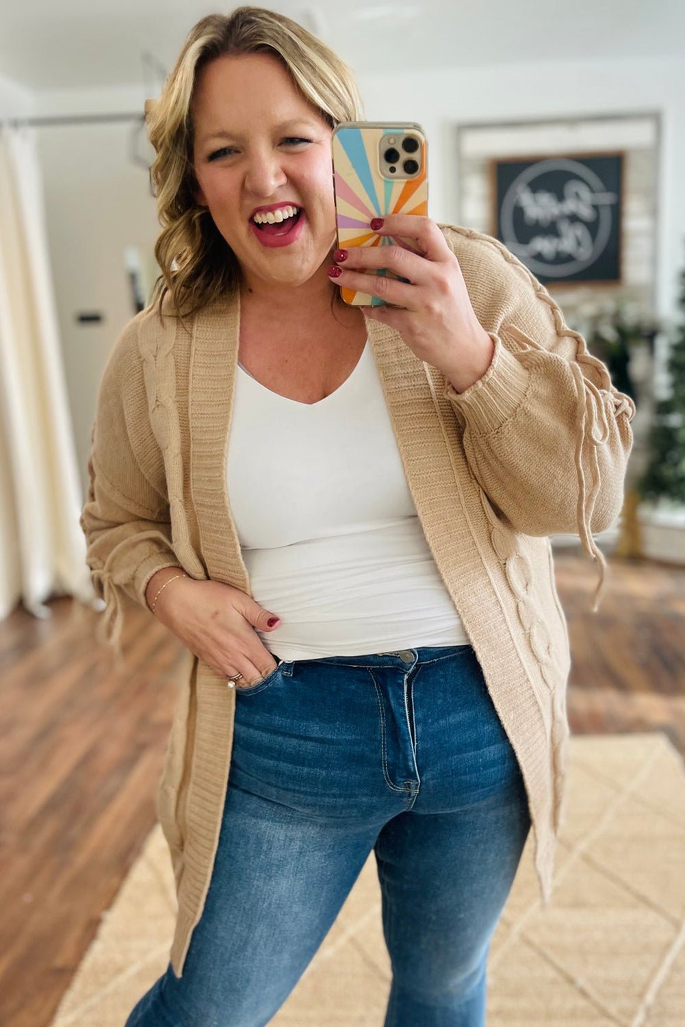 Parchment Cable Knit Braided Tie Sleeve Plus Size Knit Cardigan - MAD RUFFI