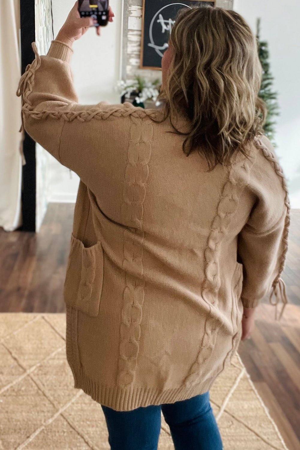 Parchment Cable Knit Braided Tie Sleeve Plus Size Knit Cardigan - MAD RUFFI