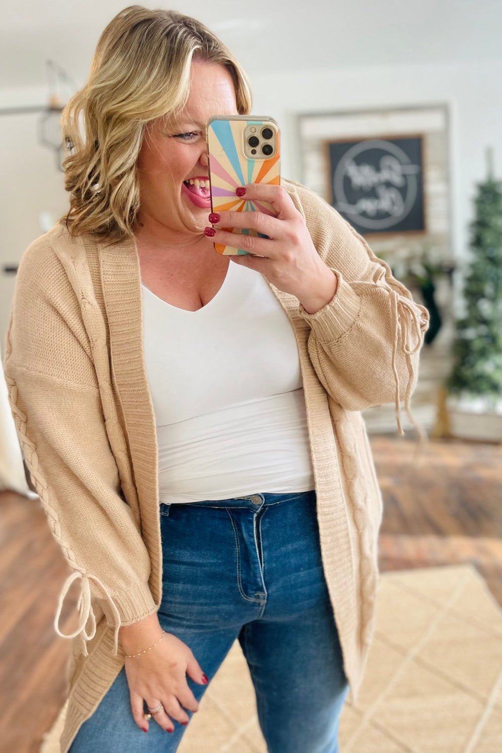 Parchment Cable Knit Braided Tie Sleeve Plus Size Knit Cardigan - MAD RUFFI