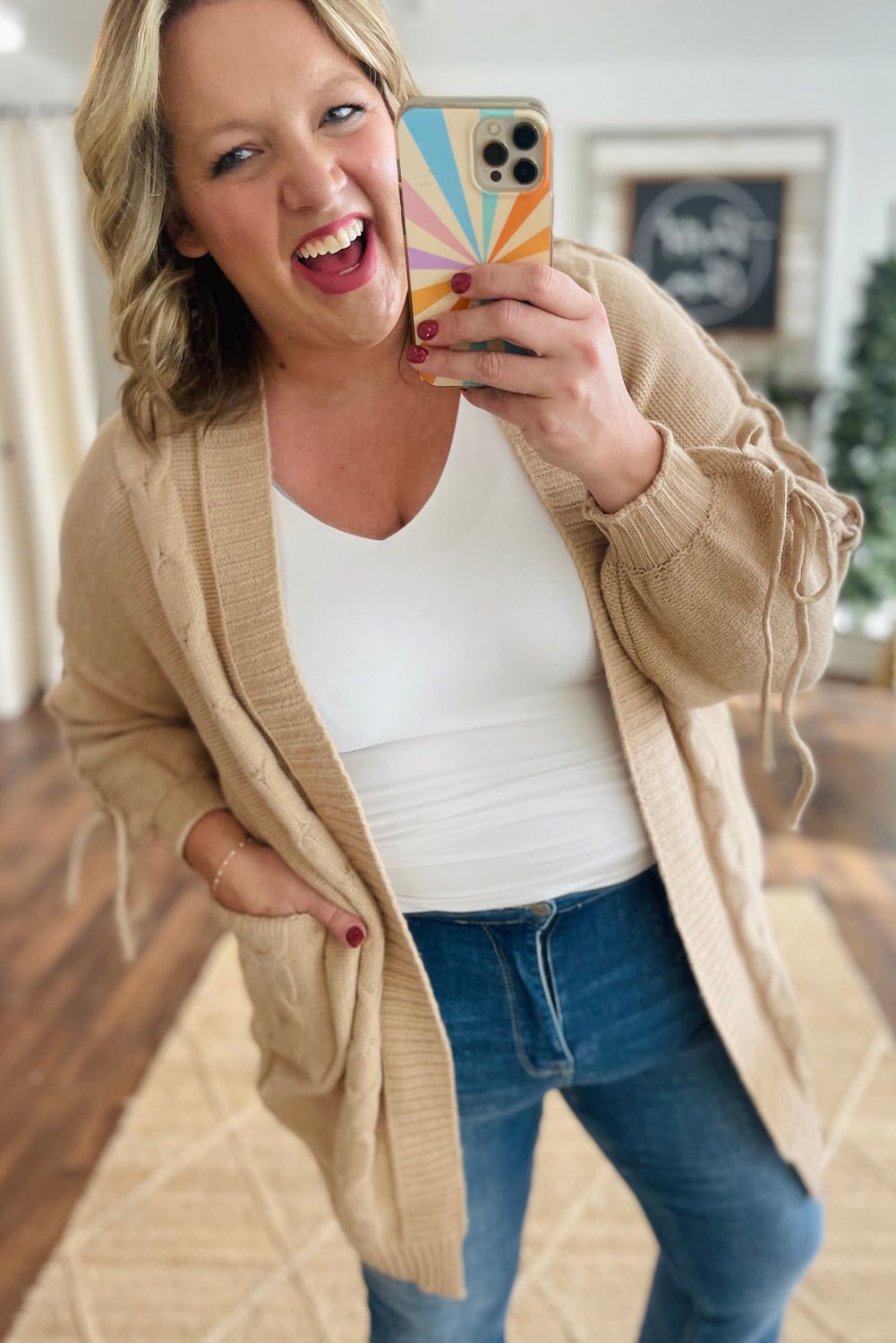 Parchment Cable Knit Braided Tie Sleeve Plus Size Knit Cardigan - MAD RUFFI