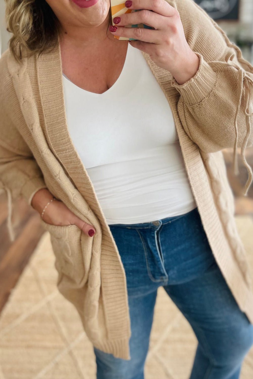 Parchment Cable Knit Braided Tie Sleeve Plus Size Knit Cardigan - MAD RUFFI
