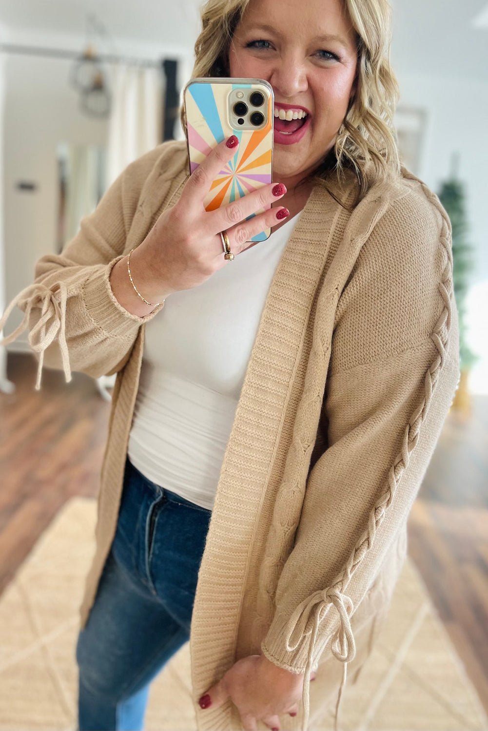 Parchment Cable Knit Braided Tie Sleeve Plus Size Knit Cardigan - MAD RUFFI