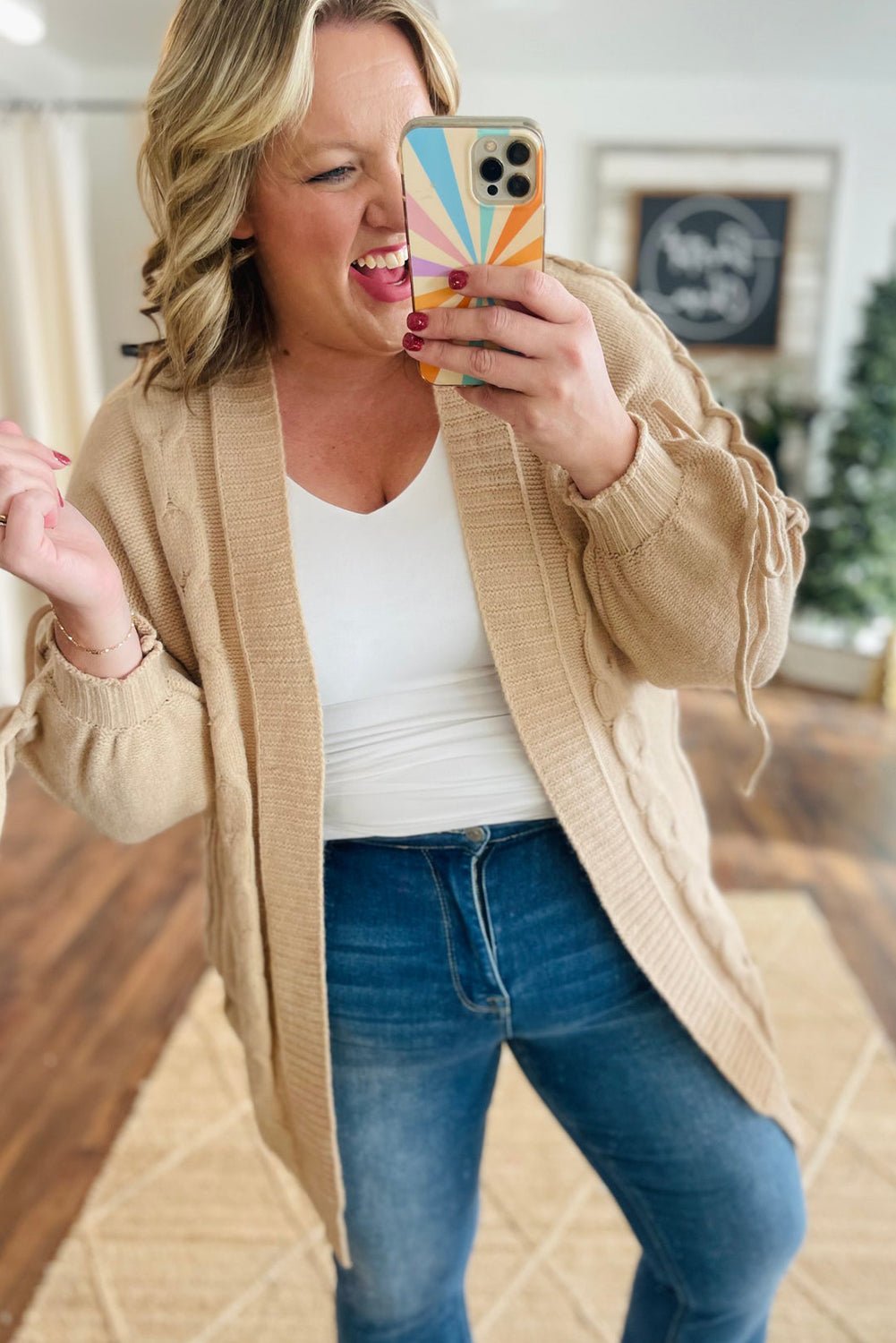 Parchment Cable Knit Braided Tie Sleeve Plus Size Knit Cardigan - MAD RUFFI