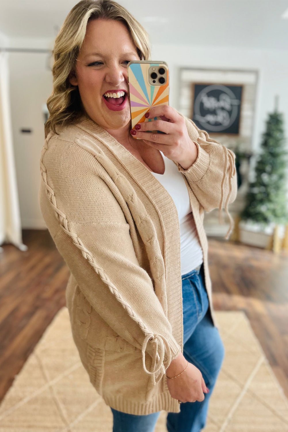 Parchment Cable Knit Braided Tie Sleeve Plus Size Knit Cardigan - MAD RUFFI