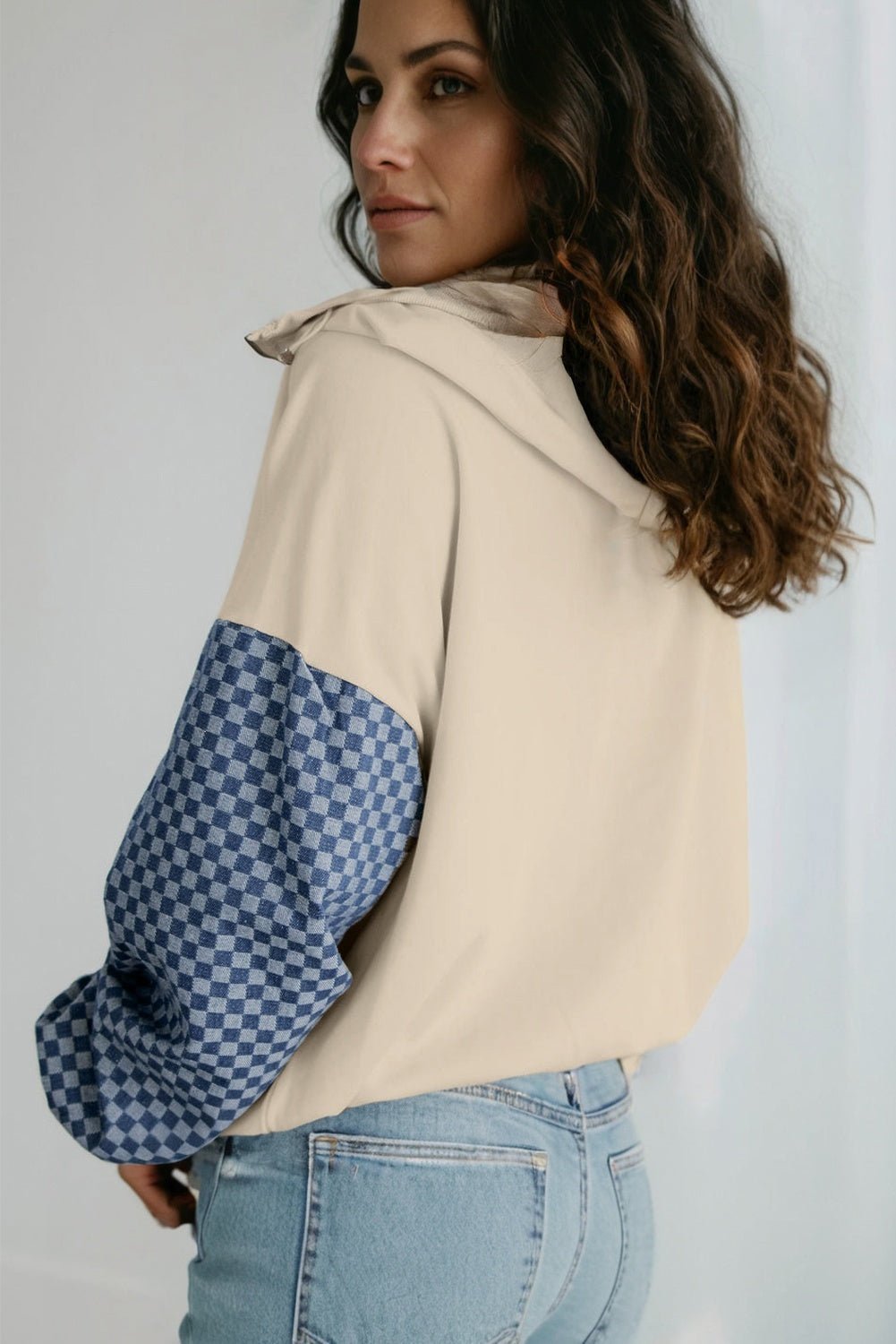 Parchment Checkered Patchwork Kangaroo Pocket Half Zipper Hoodie - MAD RUFFI