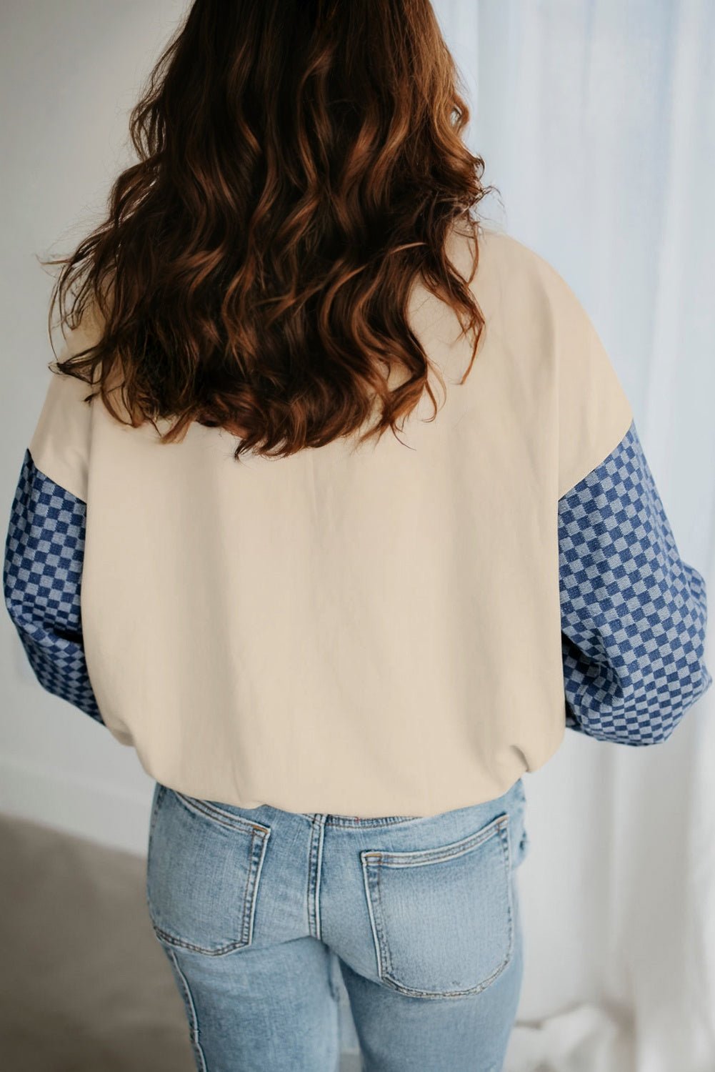 Parchment Checkered Patchwork Kangaroo Pocket Half Zipper Hoodie - MAD RUFFI