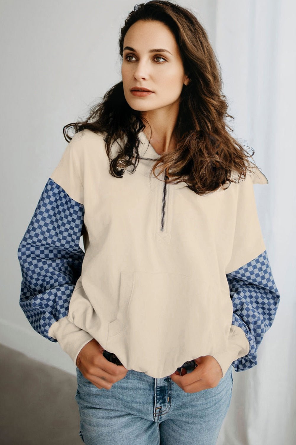 Parchment Checkered Patchwork Kangaroo Pocket Half Zipper Hoodie - MAD RUFFI