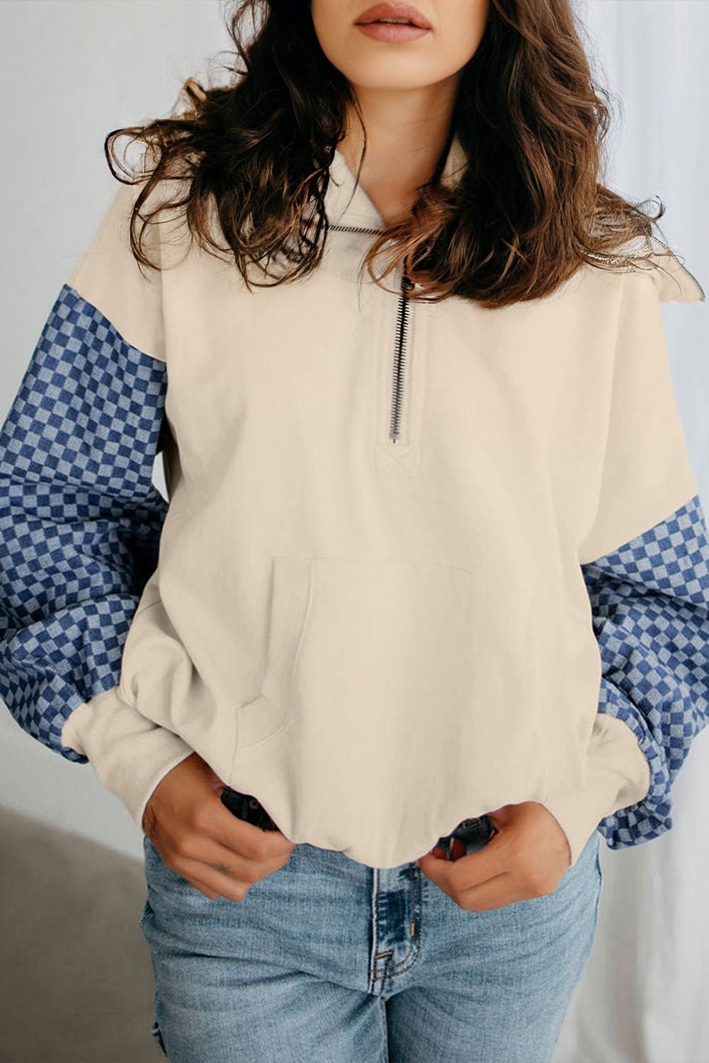 Parchment Checkered Patchwork Kangaroo Pocket Half Zipper Hoodie - MAD RUFFI