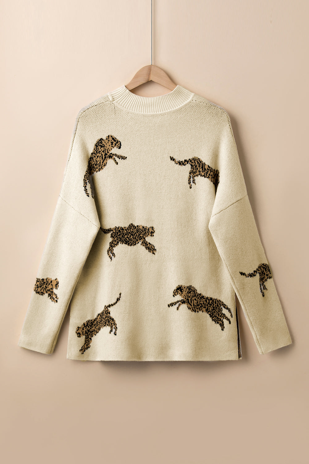 Parchment Cheetah Print High Neck Split Hem Sweater - MAD RUFFI