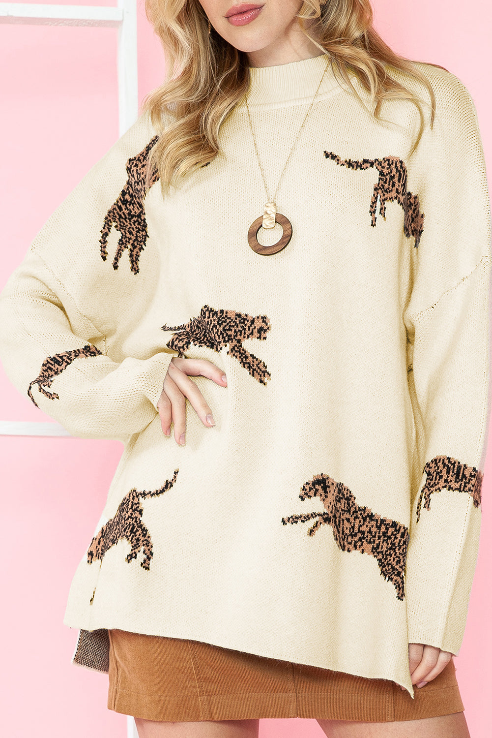 Parchment Cheetah Print High Neck Split Hem Sweater - MAD RUFFI