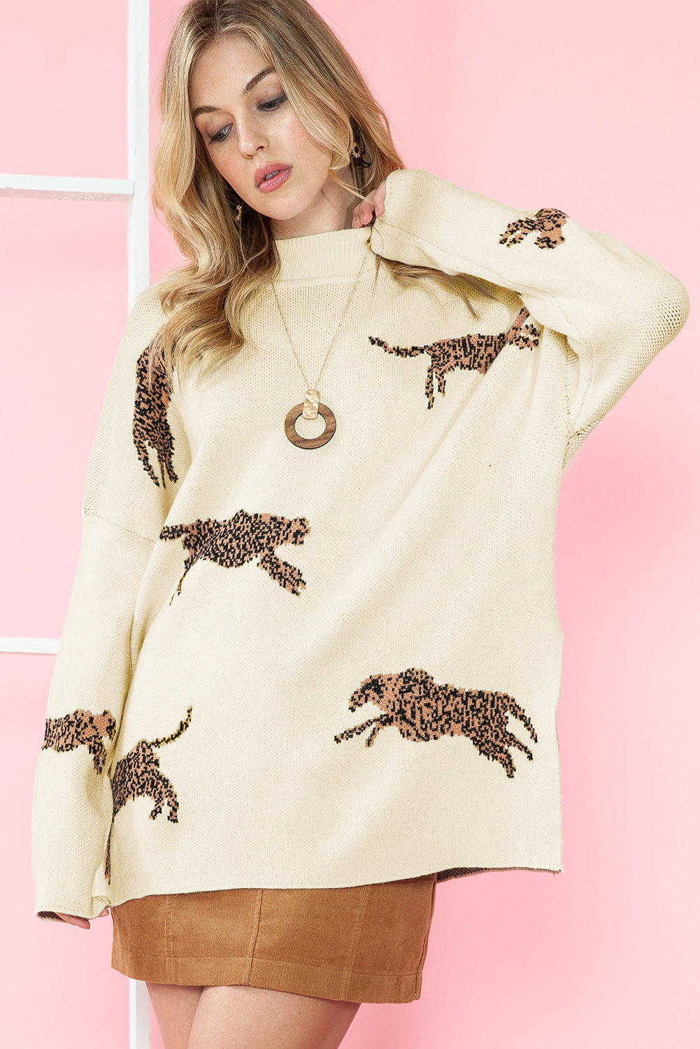 Parchment Cheetah Print High Neck Split Hem Sweater - MAD RUFFI