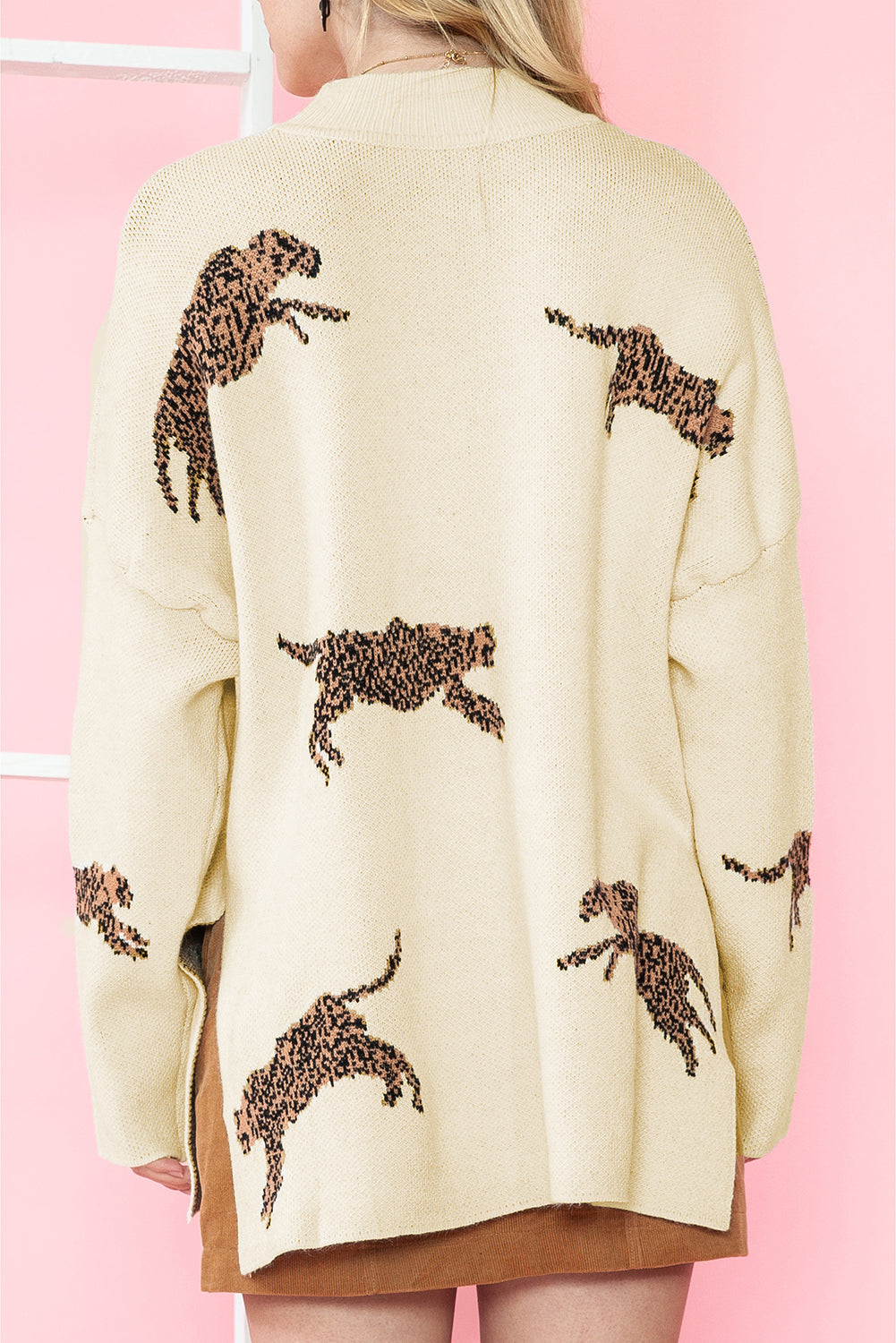 Parchment Cheetah Print High Neck Split Hem Sweater - MAD RUFFI