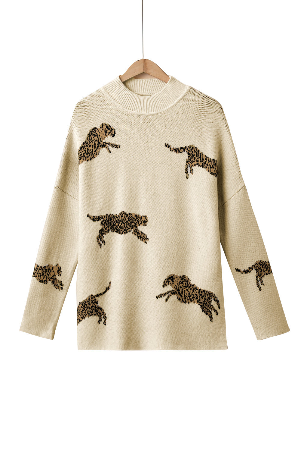 Parchment Cheetah Print High Neck Split Hem Sweater - MAD RUFFI