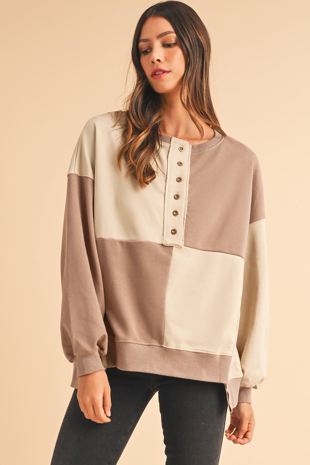 Parchment Colorblock Henley High Low Loose Sweatshirt - MAD RUFFI