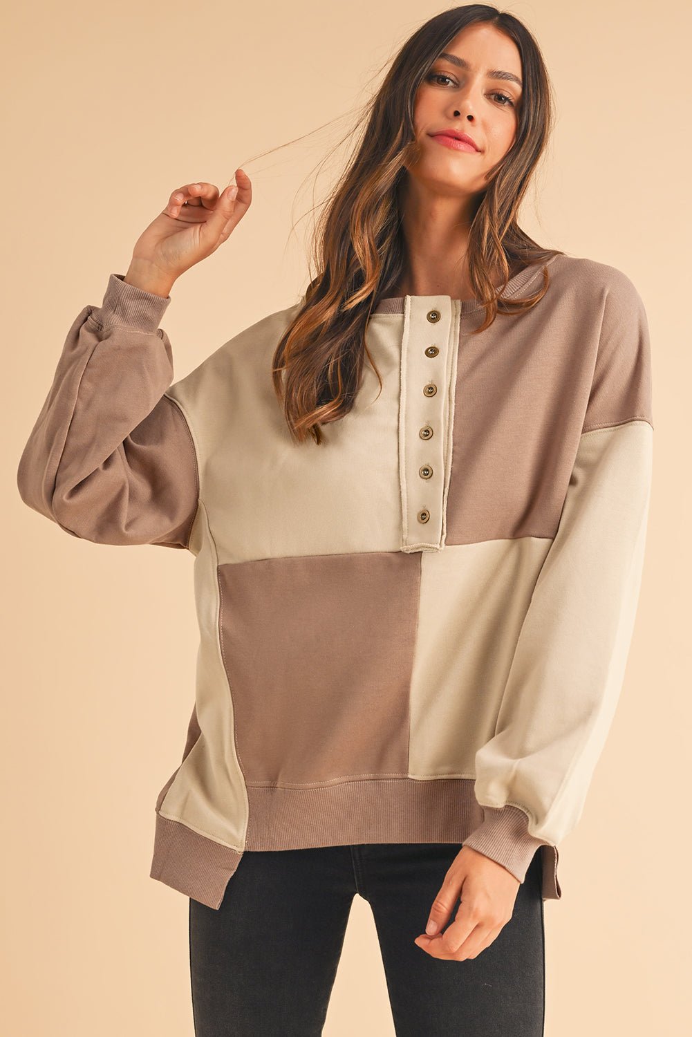 Parchment Colorblock Henley High Low Loose Sweatshirt - MAD RUFFI