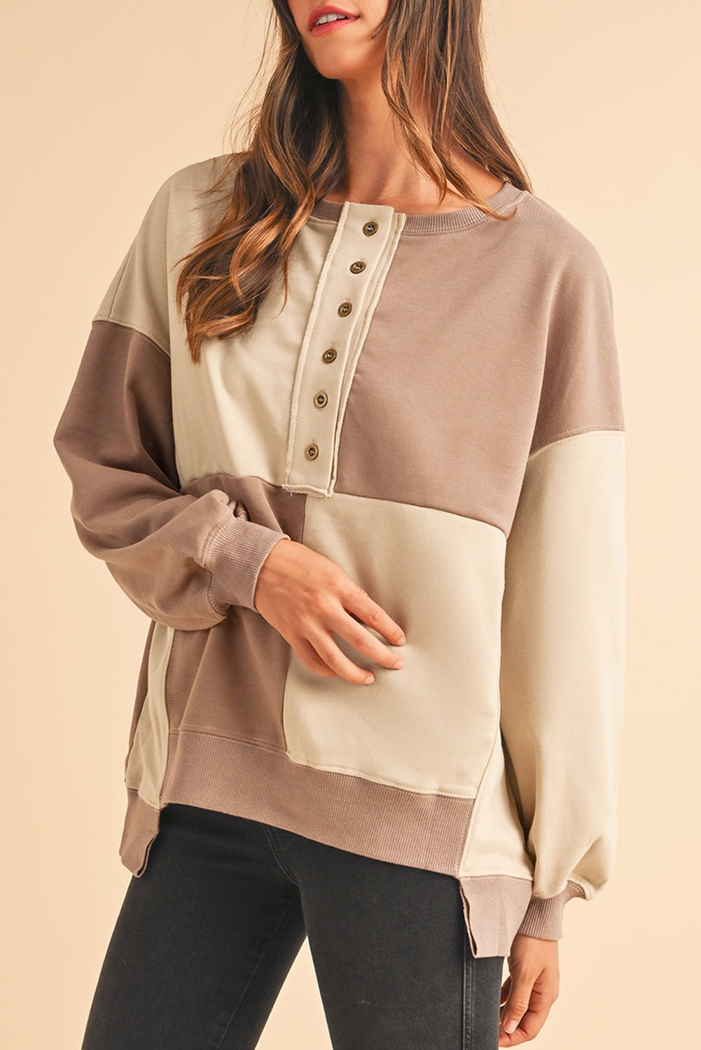 Parchment Colorblock Henley High Low Loose Sweatshirt - MAD RUFFI