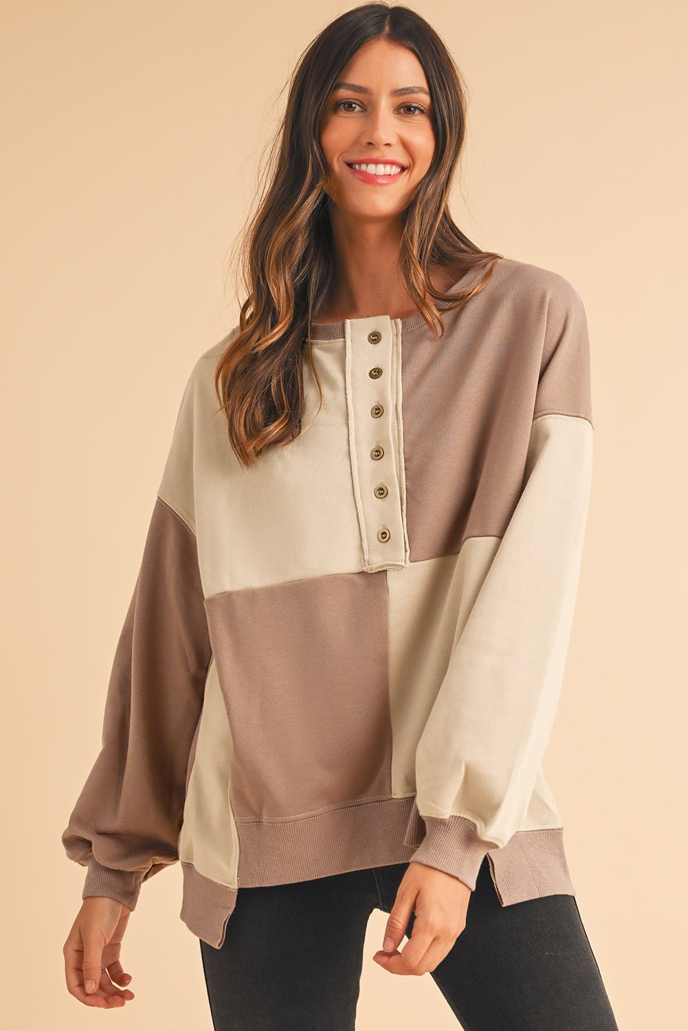 Parchment Colorblock Henley High Low Loose Sweatshirt - MAD RUFFI