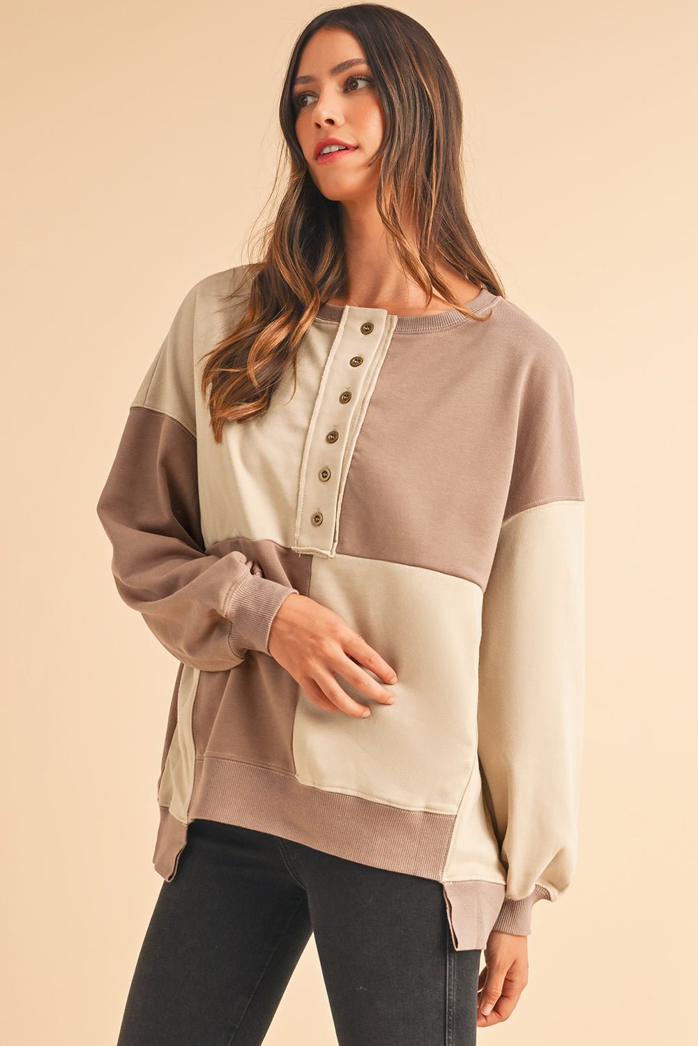 Parchment Colorblock Henley High Low Loose Sweatshirt - MAD RUFFI