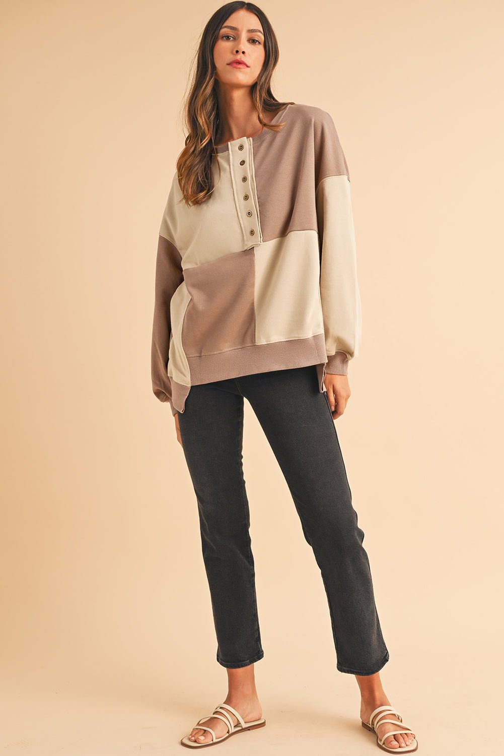 Parchment Colorblock Henley High Low Loose Sweatshirt - MAD RUFFI