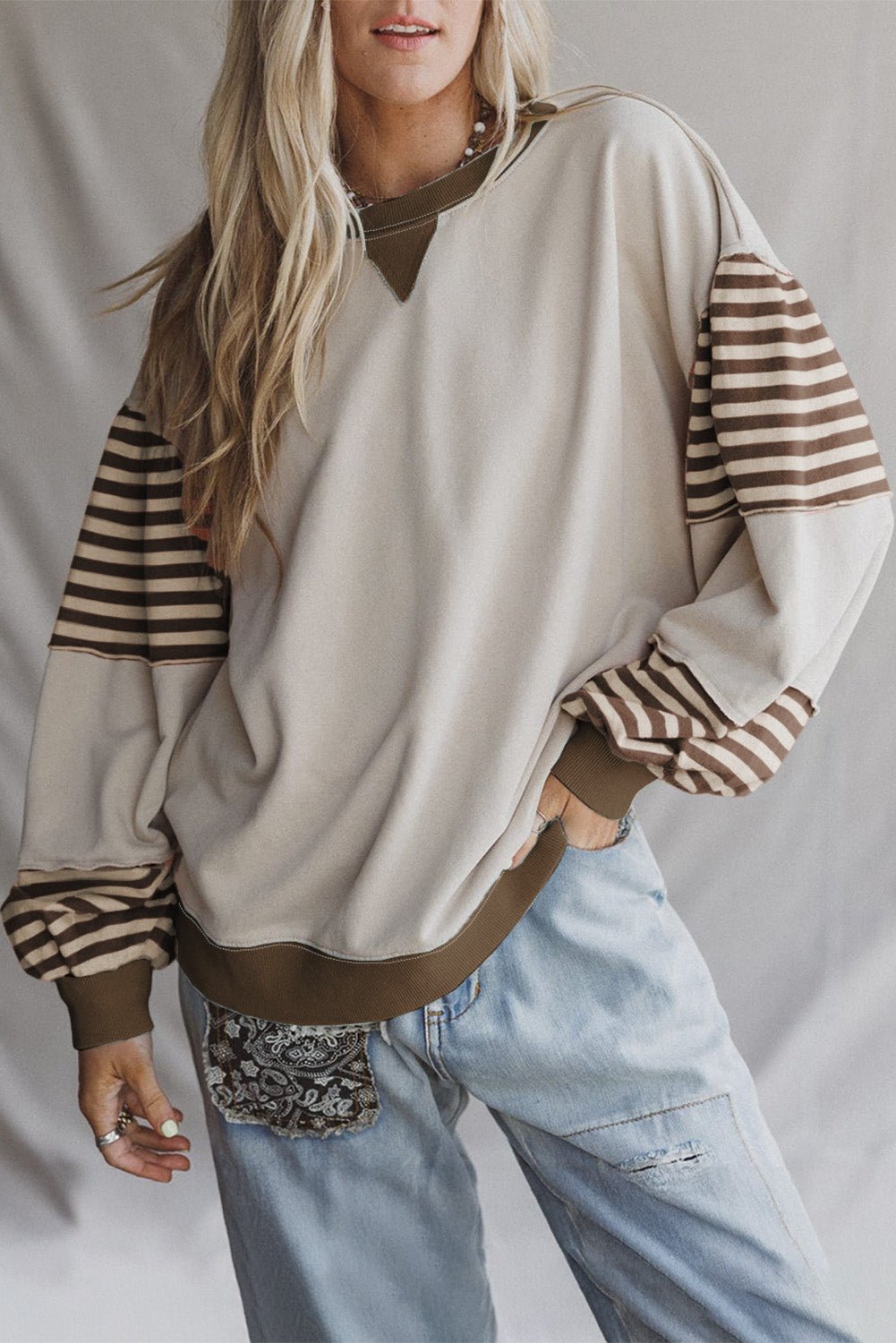 Parchment Colorblock Patchwork Striped Sleeve Sweatshirt - MAD RUFFI