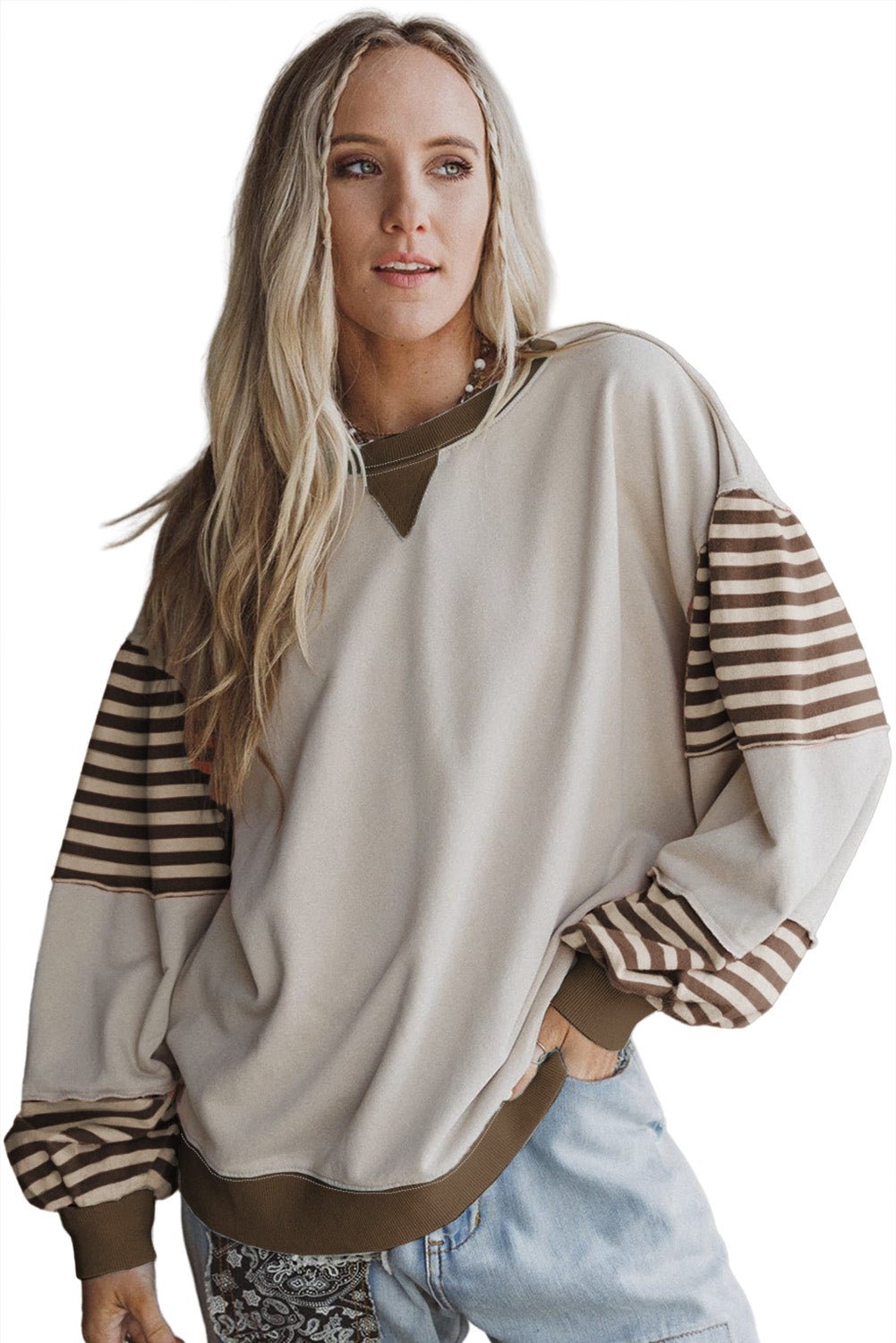 Parchment Colorblock Patchwork Striped Sleeve Sweatshirt - MAD RUFFI