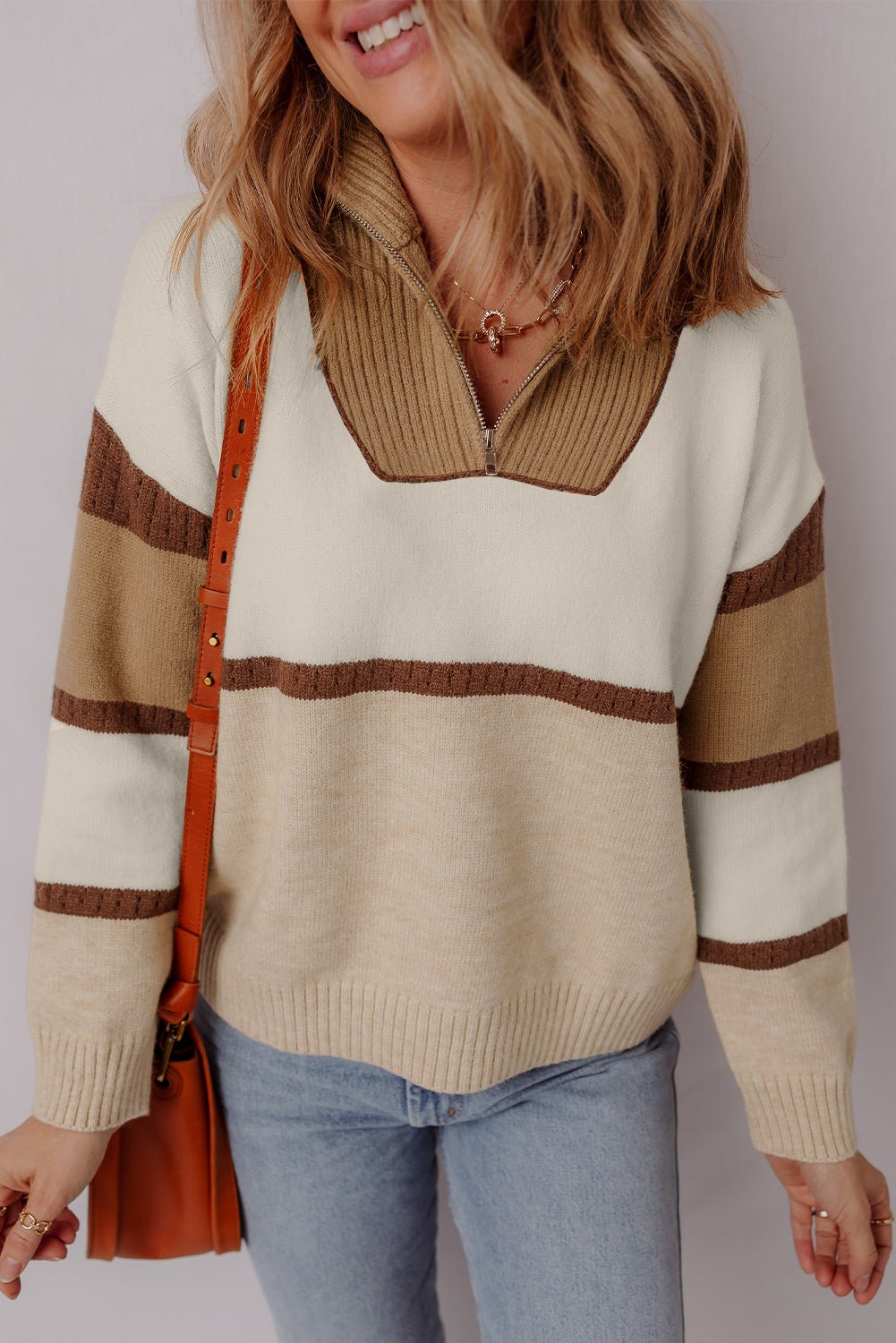 Parchment Colorblock Zipped Collared Pullover Sweater - MAD RUFFI