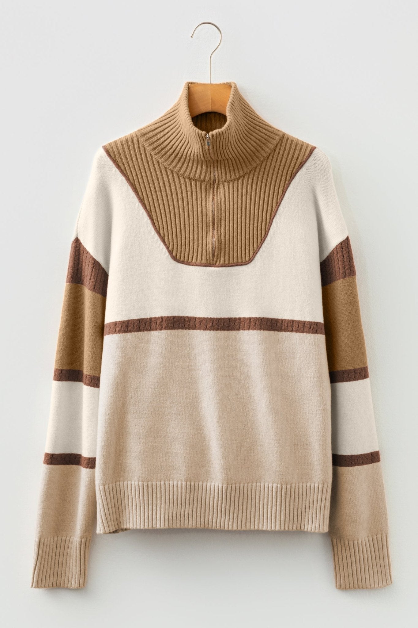 Parchment Colorblock Zipped Collared Pullover Sweater - MAD RUFFI