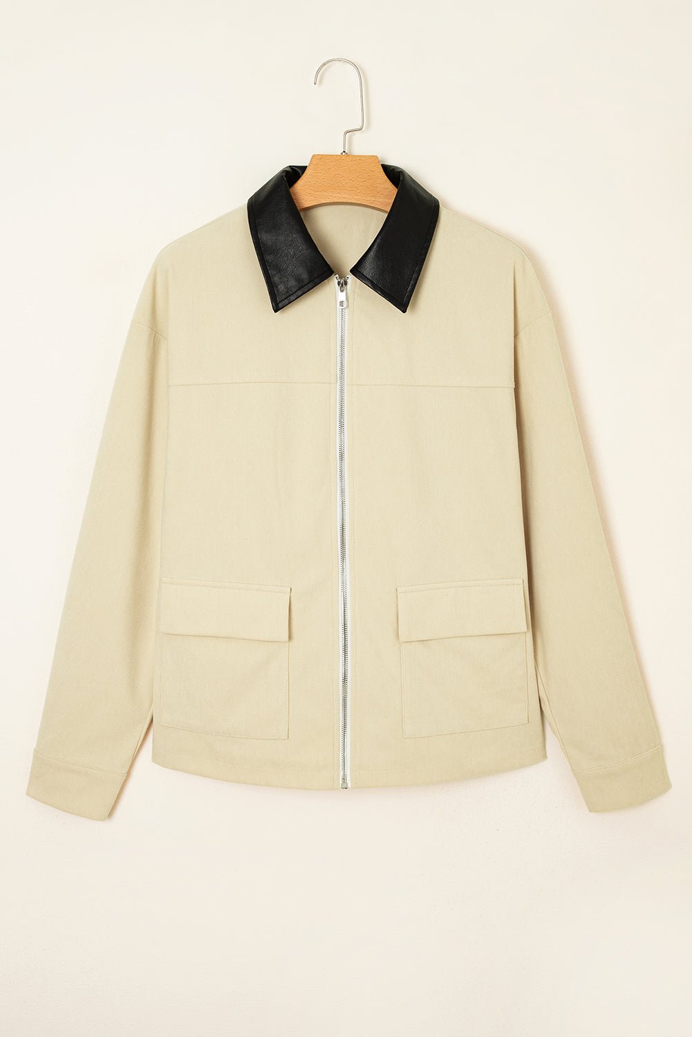 Parchment Contrast Leather Collar Textured Zip Up Jacket - MAD RUFFI