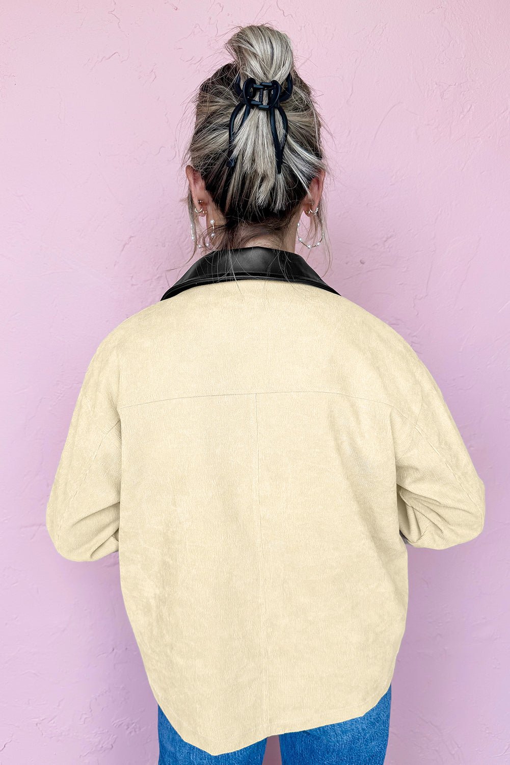 Parchment Contrast Leather Collar Textured Zip Up Jacket - MAD RUFFI