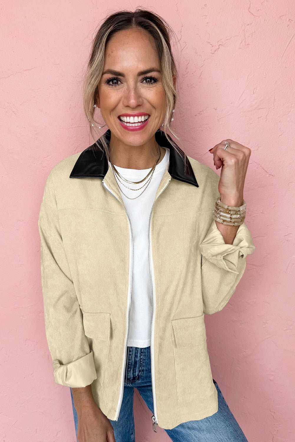 Parchment Contrast Leather Collar Textured Zip Up Jacket - MAD RUFFI