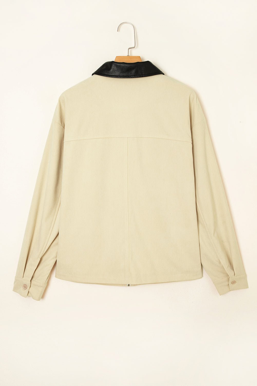 Parchment Contrast Leather Collar Textured Zip Up Jacket - MAD RUFFI