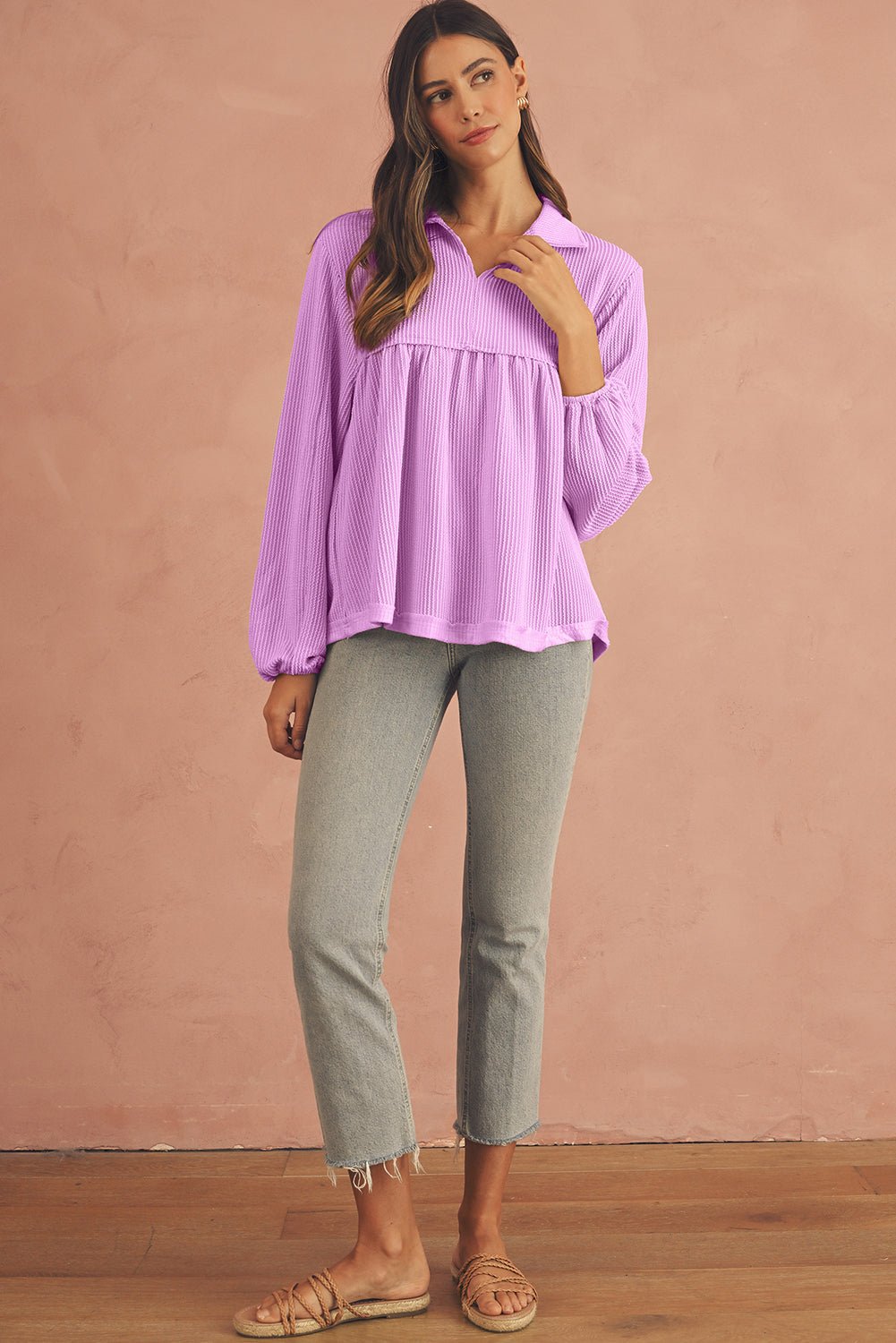 Parchment Corded Turn - down Collar Bubble Sleeve Babydoll Top - MAD RUFFI