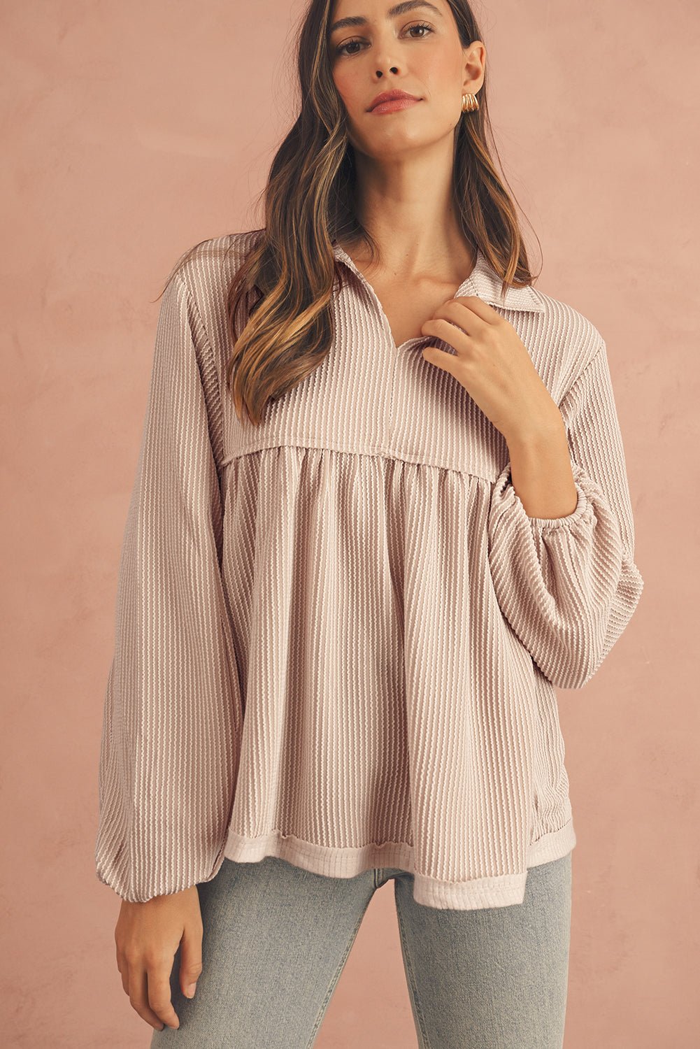 Parchment Corded Turn - down Collar Bubble Sleeve Babydoll Top - MAD RUFFI