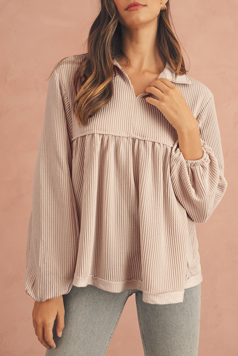 Parchment Corded Turn - down Collar Bubble Sleeve Babydoll Top - MAD RUFFI