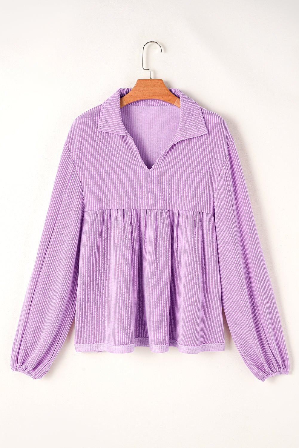 Parchment Corded Turn - down Collar Bubble Sleeve Babydoll Top - MAD RUFFI