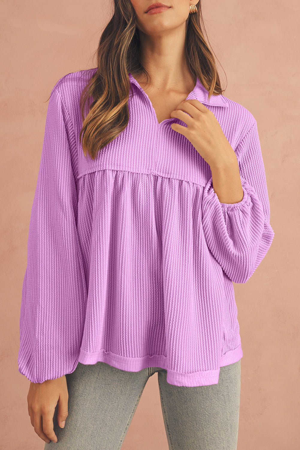 Parchment Corded Turn - down Collar Bubble Sleeve Babydoll Top - MAD RUFFI