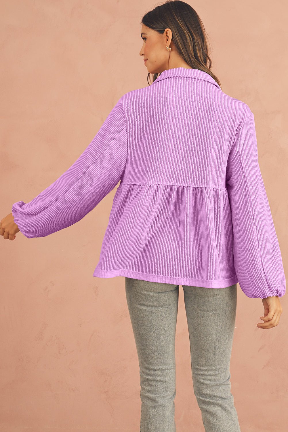 Parchment Corded Turn - down Collar Bubble Sleeve Babydoll Top - MAD RUFFI