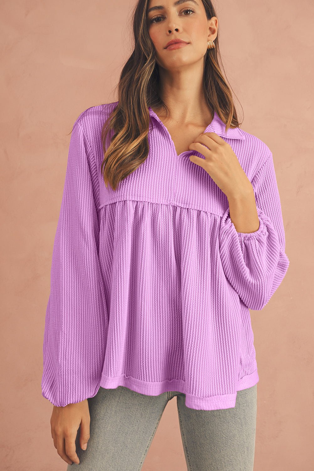 Parchment Corded Turn - down Collar Bubble Sleeve Babydoll Top - MAD RUFFI