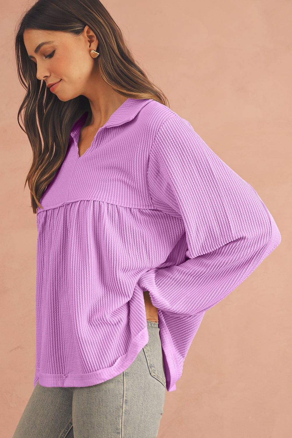 Parchment Corded Turn - down Collar Bubble Sleeve Babydoll Top - MAD RUFFI