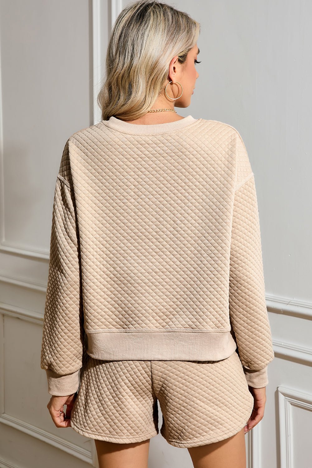 Parchment Diamond Quilted Plain Pullover and Shorts Set - MAD RUFFI