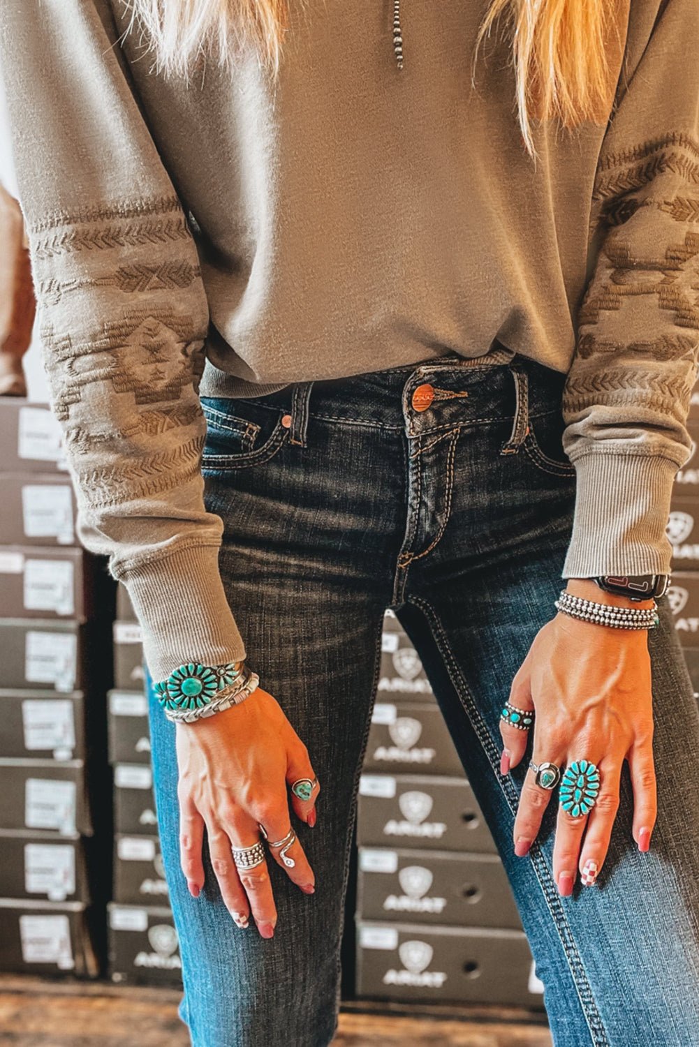 Parchment Geometric Embroidered V Neck Sweatshirt - MAD RUFFI