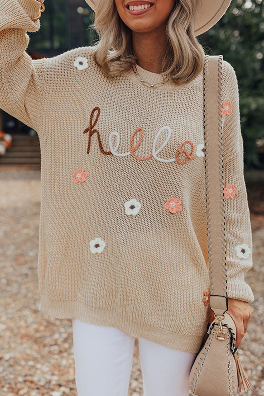 Parchment Hello Floral Embroidered Knit Loose Sweater - MAD RUFFI